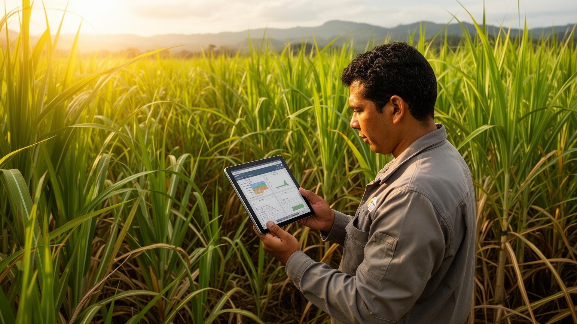 Agrónomo revisando datos de campo en tablet frente a plantación de caña de azúcar